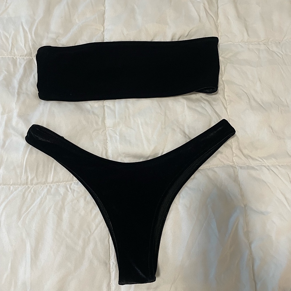 White Fox Swim Velvet black bandeau bikini top and bottom swimsuit
